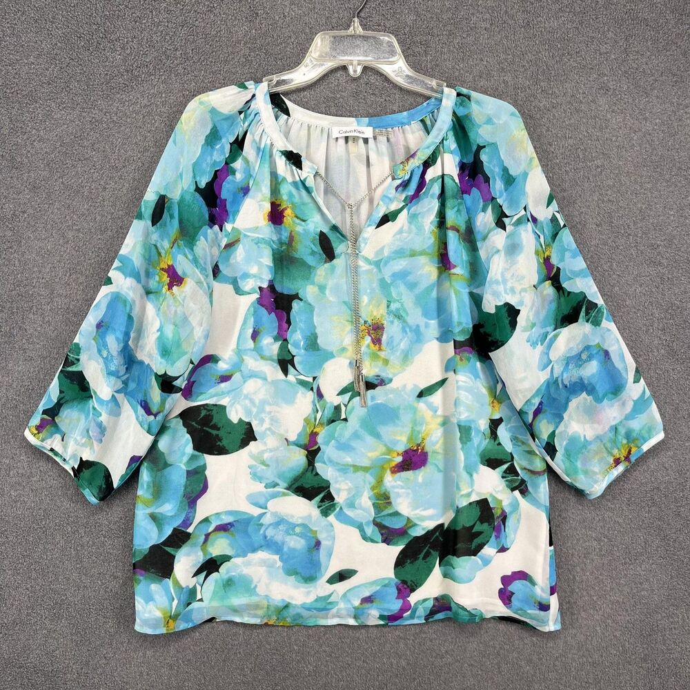 Calvin Klein Blouse Womens Medium Blue Floral Split Neck Chain Tassel Sheer‎